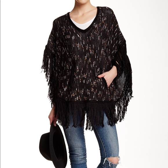 Ella Moss Sweaters - Ella Moss Black Negev Fringe Poncho NWT
